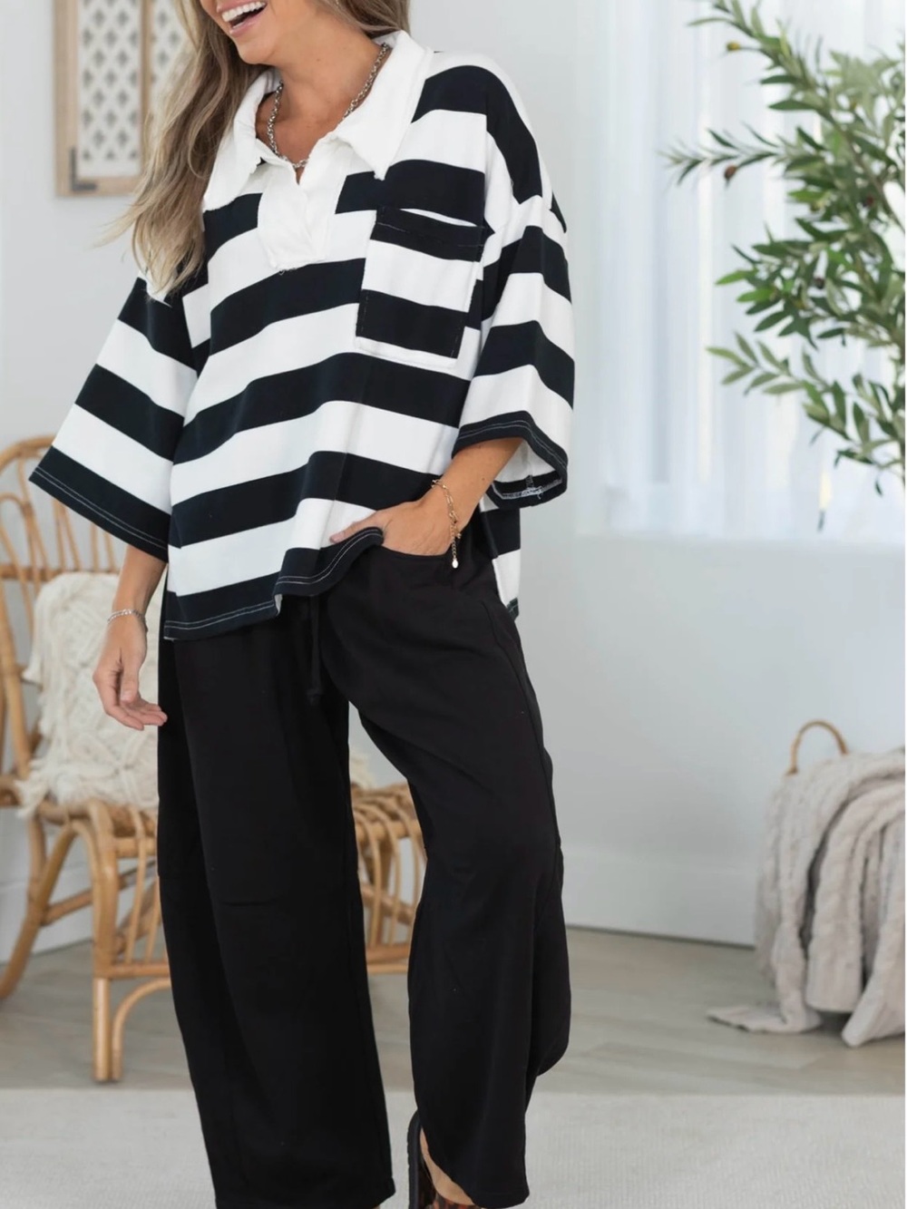 Zenana Black Barrel Wide-Leg Pull-On Fleece drawstring Pants - Picture 2 of 4